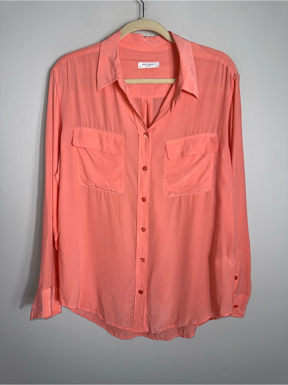 Equipment Femme 100% Silk Button Front Blouse-Light Orange-Long Sleeves-MED